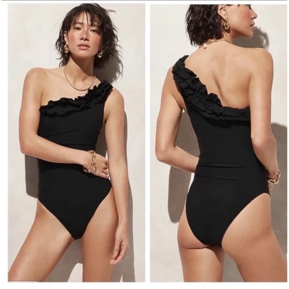J.Crew Womens Ruffle One-Shoulder Ruched One-Piece Swimsuit Black Size‎ Costal